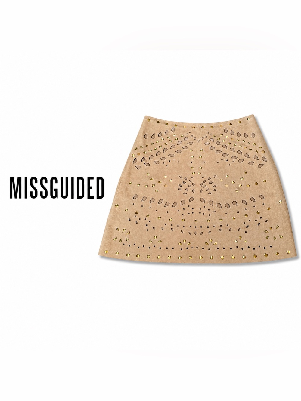 Missguided Beige Laser-Cut A-Line Mini Skirt with Gold Studs